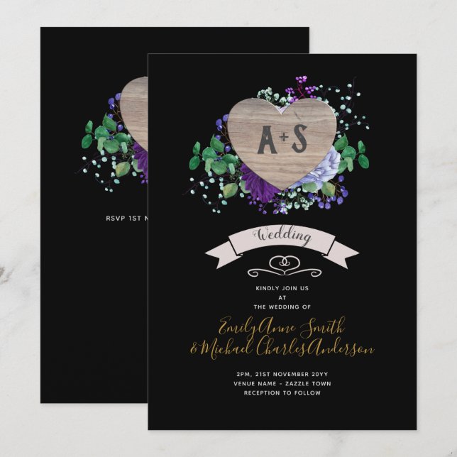 Eternal Heart Wedding Invite Black Purple Floral (Front/Back)