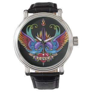 Eternal Love Swallow Tattoo Black Leather Watch