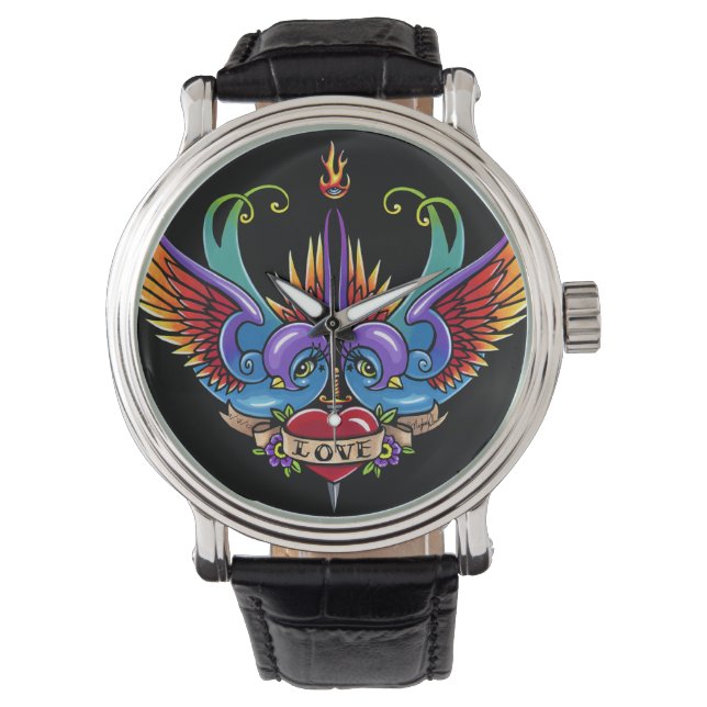 Eternal Love Swallow Tattoo Black Leather Watch (Front)