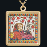 ETERNAL LOVE VALENTINE'S DAY  PARCHMENT GOLD PLATED NECKLACE<br><div class="desc">Colourful expressive antique fine art. Medieval heraldic German miniature from 1200 romantic lovers in a flower garden with a white bird , mixed with old aged brown parchment effects .Easy to customize as a wedding ceremony, nuptial announcement card , place cards , save-the-date , thank you card , bridal showers,...</div>