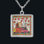 ETERNAL LOVE VALENTINE'S DAY  PARCHMENT STERLING SILVER NECKLACE<br><div class="desc">Colourful expressive antique fine art. Medieval heraldic German miniature from 1200 romantic lovers in a flower garden with a white bird , mixed with old aged brown parchment effects .Easy to customize as a wedding ceremony, nuptial announcement card , place cards , save-the-date , thank you card , bridal showers,...</div>