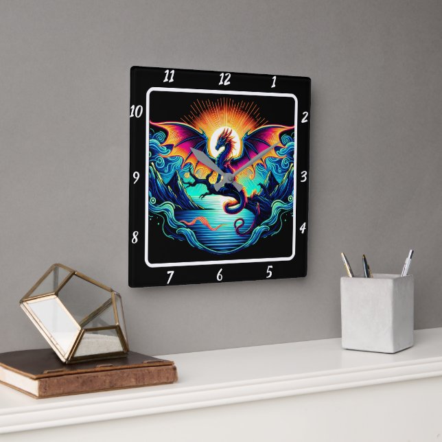 Eternal Neon Dragon Spirit Square Wall Clock (Office)