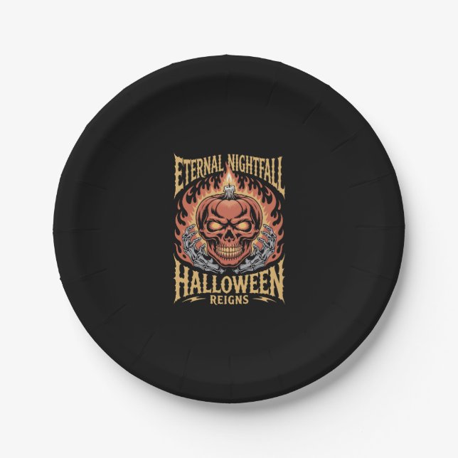 Eternal Nightfall Halloween Skull Pumpkin Paper Plate (Front)