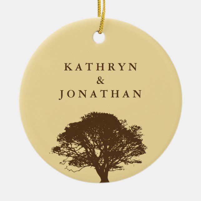 Eternal oak tree sentiment yellow holiday keepsake ceramic ornament (Front)