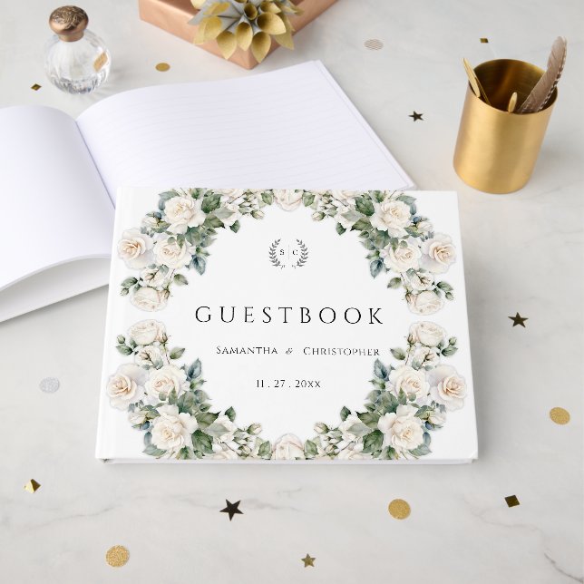 Eternal Roses Elegant Green Floral Wedding  Guest Book (Front Open)