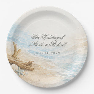 Eterntal Tides Coastal Watercolor Beach Wedding Paper Plate