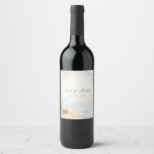 Eterntal Tides Coastal Watercolor Beach Wedding Wine Label (Front)