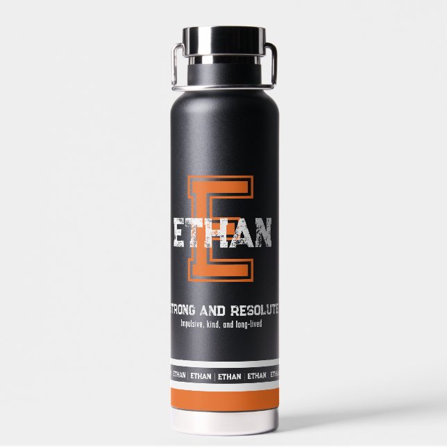 Ethan name meaning sports monogram orange water bottle (Back)