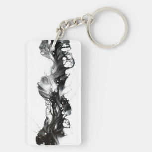 Ethereal Abstract Black on White Fluid Art Keychain