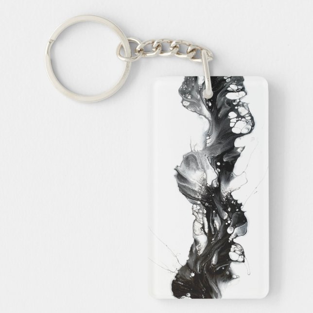 Ethereal Abstract Black on White Fluid Art Keychain (Front)