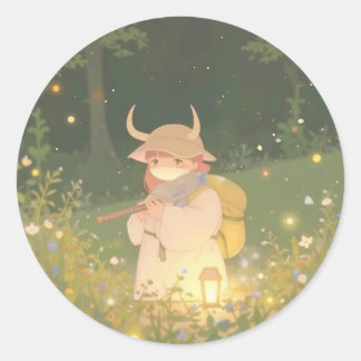 Ethereal Anime Girl with Horns in Whimsical Meadow Classic Round Sticker