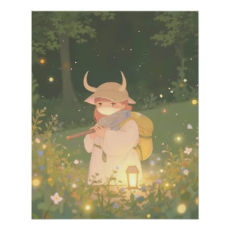Ethereal Anime Girl with Horns in Whimsical Meadow Poster