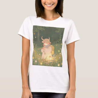 Ethereal Anime Girl with Horns in Whimsical Meadow T-Shirt