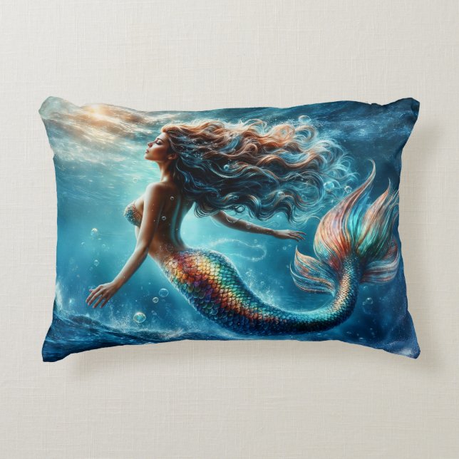 Ethereal aquatic mermaid beauty in deep blue accent pillow (Front)