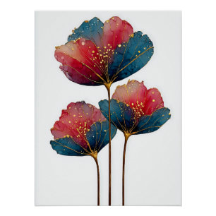 Ethereal Bloom: Crimson & Cobalt Petals Poster