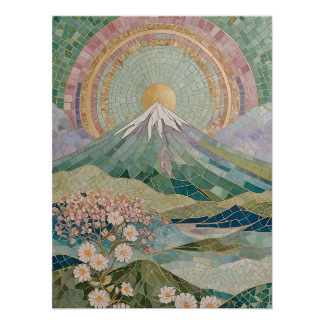 Ethereal Bloom: Pastel Mosaic Volcano in Spring Poster (Front)