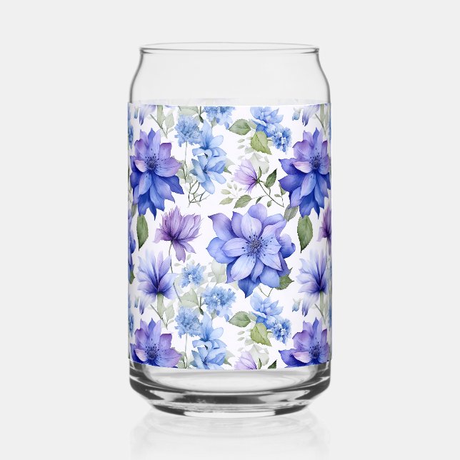 Ethereal Blooms Blue Purple Flowers Can Glass (Front)