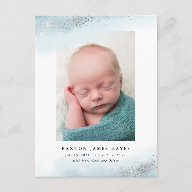 Ethereal Blue and Silver Cloud Baby Photo Birth Announcement Postcard (Front)