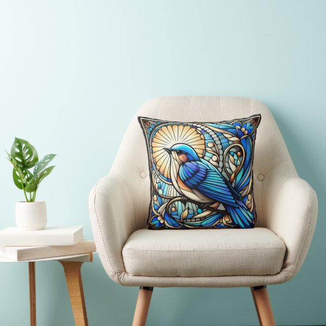 Ethereal Blue Bird Perched on Window Throw Pillow (Chair)