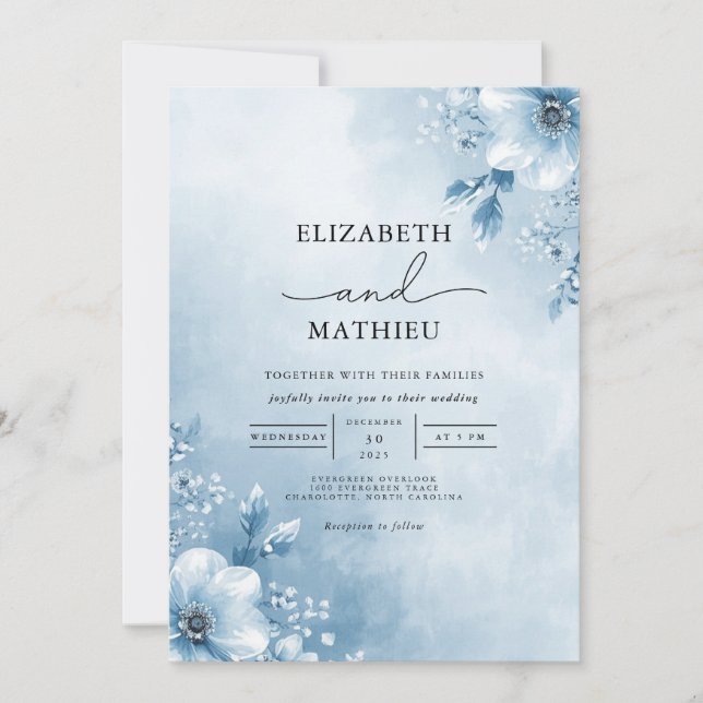 Ethereal Blue Blossom Floral Wedding Invitation (Front)