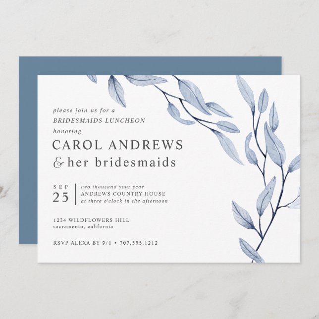 Ethereal Blue Chic Botanical Bridesmaids Luncheon Invitation (Front/Back)