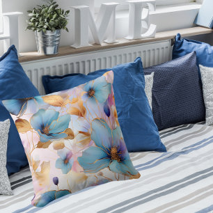 Ethereal Blue Floral Alcohol Ink Throw Pillow