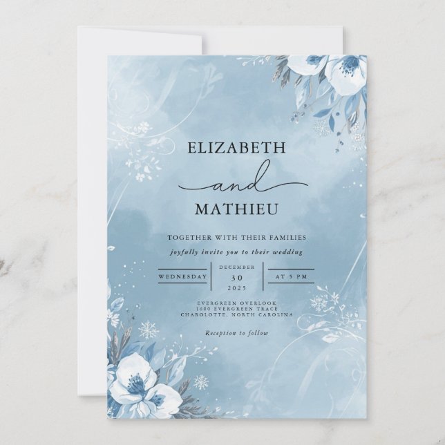 Ethereal Blue Floral Wash Wedding Invitation (Front)