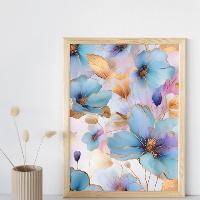 Ethereal Blue Flowers in Soft Pastels Alcohol Ink Poster (Frame sold separately. )