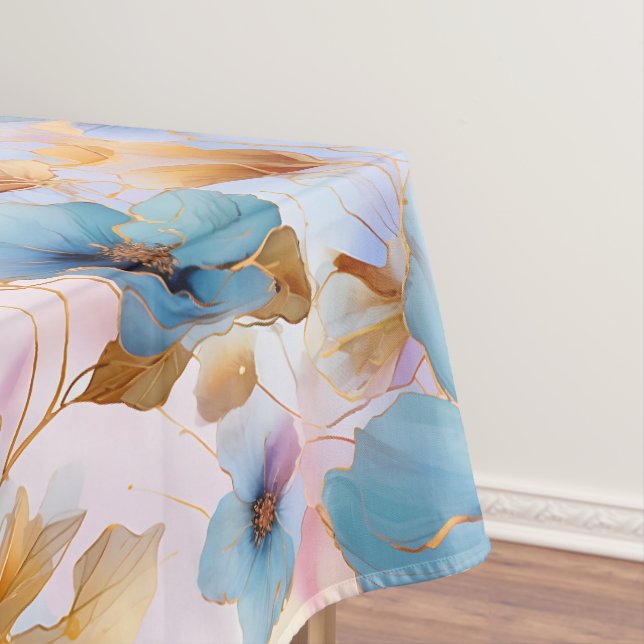 Ethereal Blue Flowers in Soft Pastels Alcohol Ink Tablecloth (In Situ)