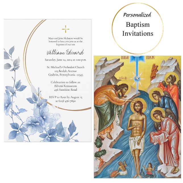 Ethereal Blue Flowers Orthodox Christian Baptism   Invitation (Creator Uploaded)