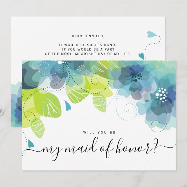 Ethereal blue flowers will you be my maid of honou invitation (Front/Back)