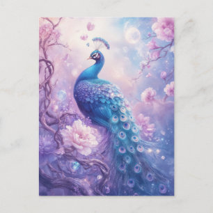 Ethereal Blue Peacock in Purple Moon Garden Postcard