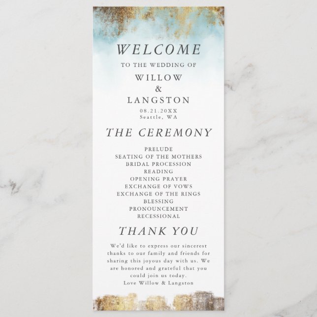 Ethereal Blue Watercolor and Gold Wedding Ceremony Program (Front)