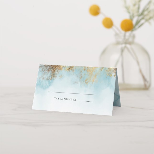 Ethereal Blue Watercolor Gold Glitter Wedding Place Card (Front)