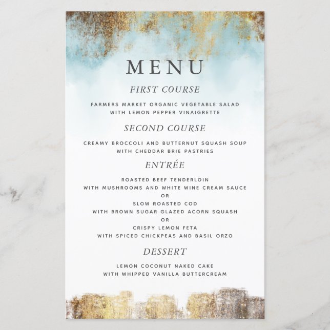 Ethereal Blue Watercolor Gold Wedding Dinner Menu (Front)