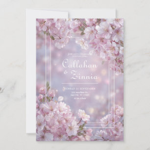 Ethereal Blush Pink Bokeh Cherry Blossom Wedding Invitation