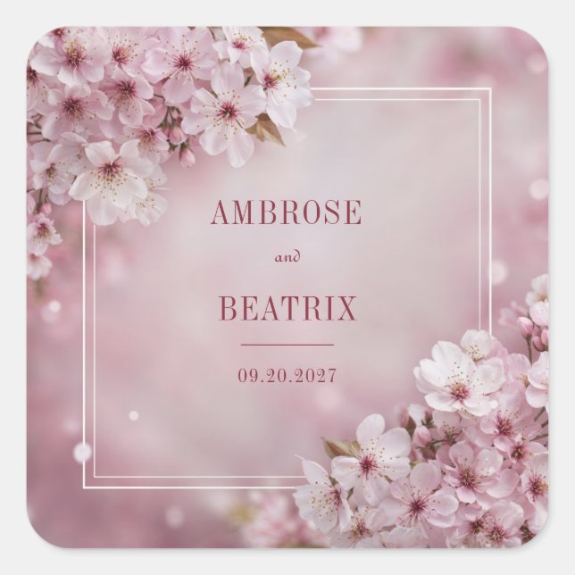 Ethereal Blush Pink Cherry Blossom Bokeh Wedding Square Sticker (Front)