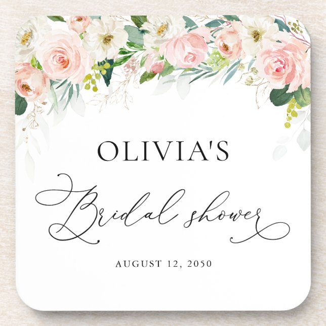 Ethereal Blush Pink Roses Bridal Shower Coasters (Front)