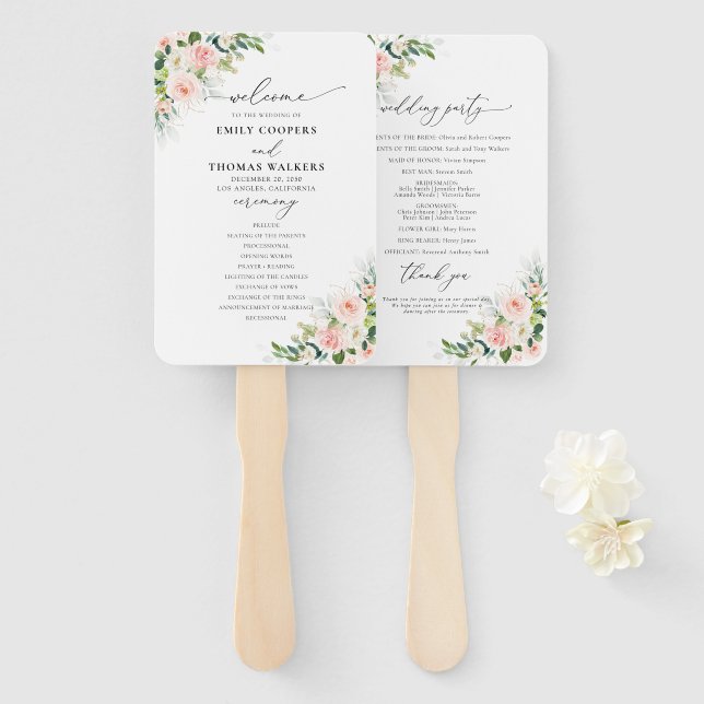 Ethereal Blush Wedding Program Hand Fan (Front and Back)