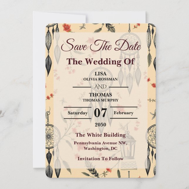 Ethereal Boho Feather Wildflower Wedding Motif Save The Date (Front)