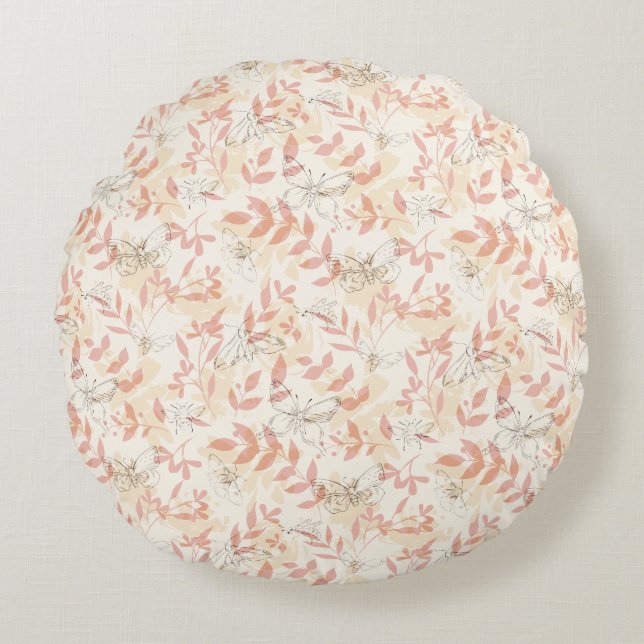 Ethereal Butterfly & Botanical Leaf Pattern Round Pillow (Front)