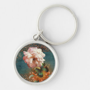 Ethereal Butterly and Peony Teal and Peach Keychain