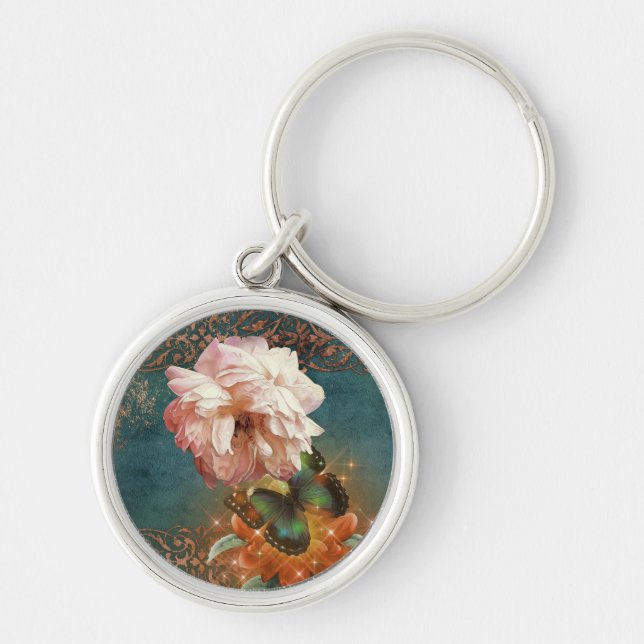 Ethereal Butterly and Peony Teal and Peach Keychain (Front)
