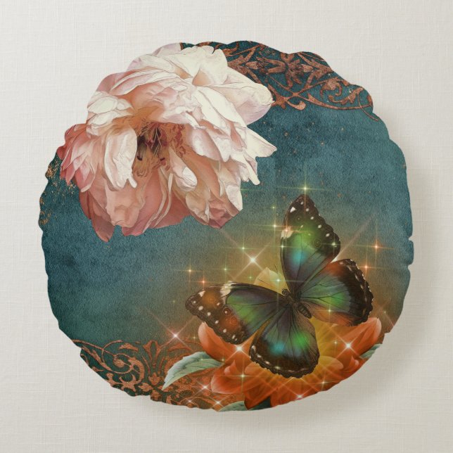 Ethereal Butterly Bokeh and Peony Teal and Peach Round Pillow (Front)