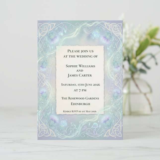 Ethereal Celtic Thistle Wedding Invitation (Standing Front)