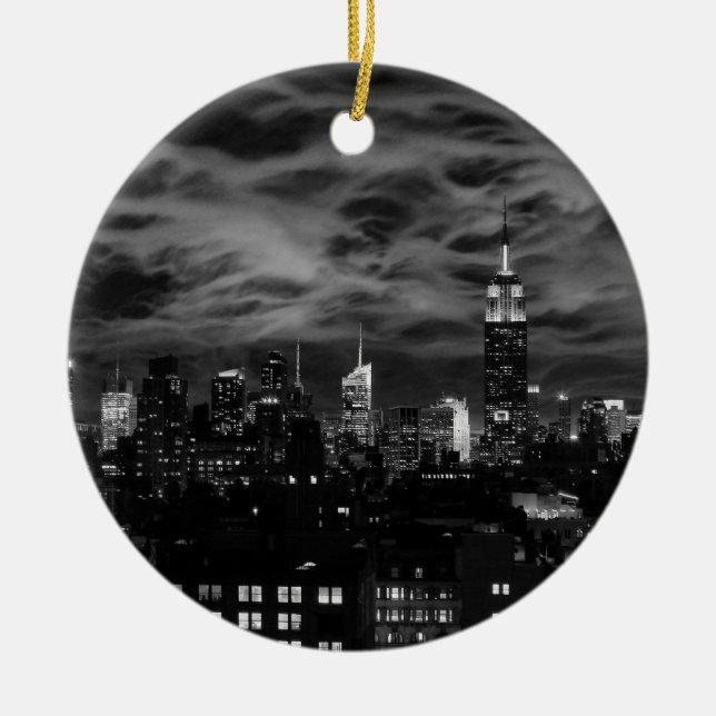 Ethereal Clouds: NYC Skyline, Empire State Bldg BW Ceramic Ornament (Front)
