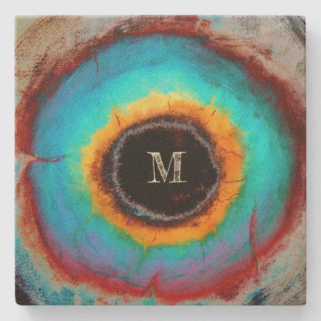 Ethereal Cosmic Eye Monogram Vibrant Abstract Art Stone Coaster (Front)