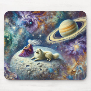 Ethereal Cosmic Scene with Woman, Dog, and Saturn Mouse Pad