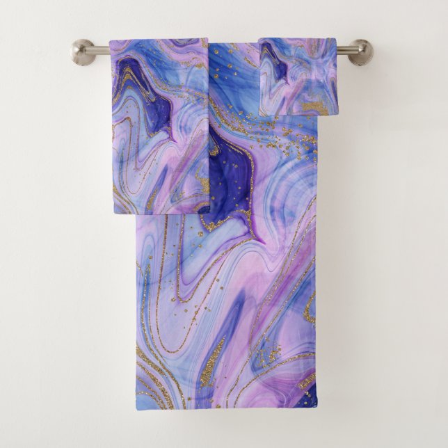 Ethereal Cotton Candy Marble Watercolor Fantasy Bath Towel Set (Insitu)