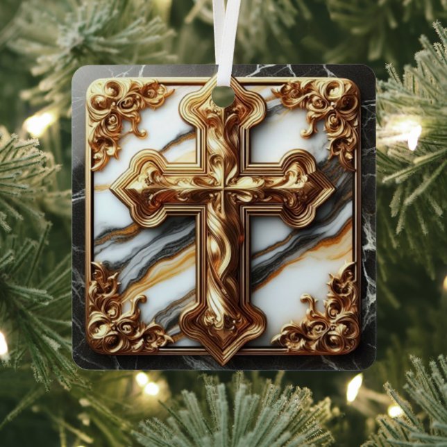 Ethereal Cross Carved in White Marble Metal Ornament (Insitu)